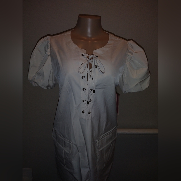 LDT Lace Up Split Round Neck Short Puff Sleeve Mini Dress - Picture 12 of 12